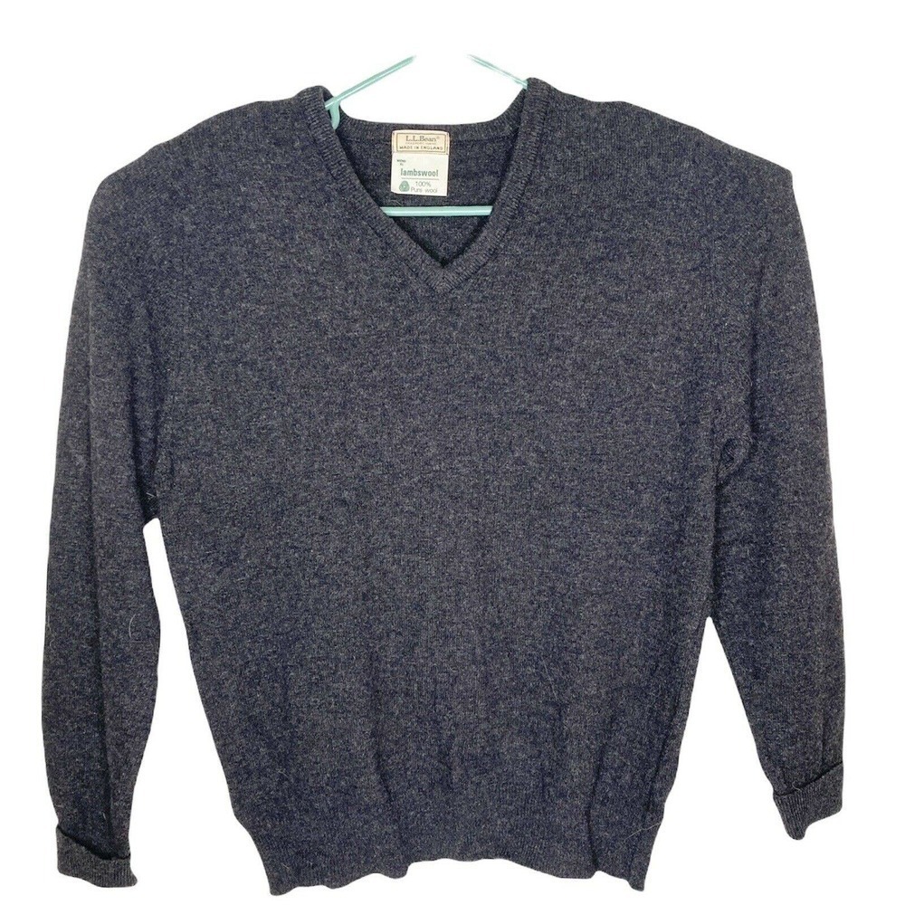 LL Bean Vtg LambsWool Sweater Mens XL Gray L/s V Neck Pullover